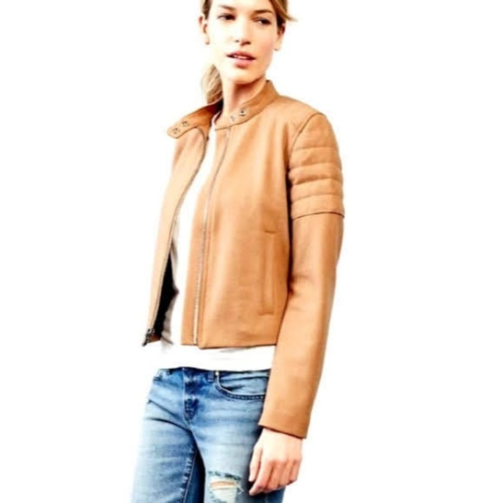 Gap Womens Beige Brown Long Sleeve Moto Biker Zip Wool Blend Crop Jacket Coat S